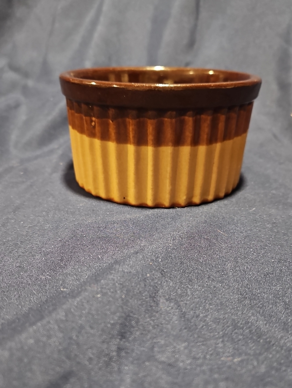 Brown and Tan Ribbed Ceramic Ramekin